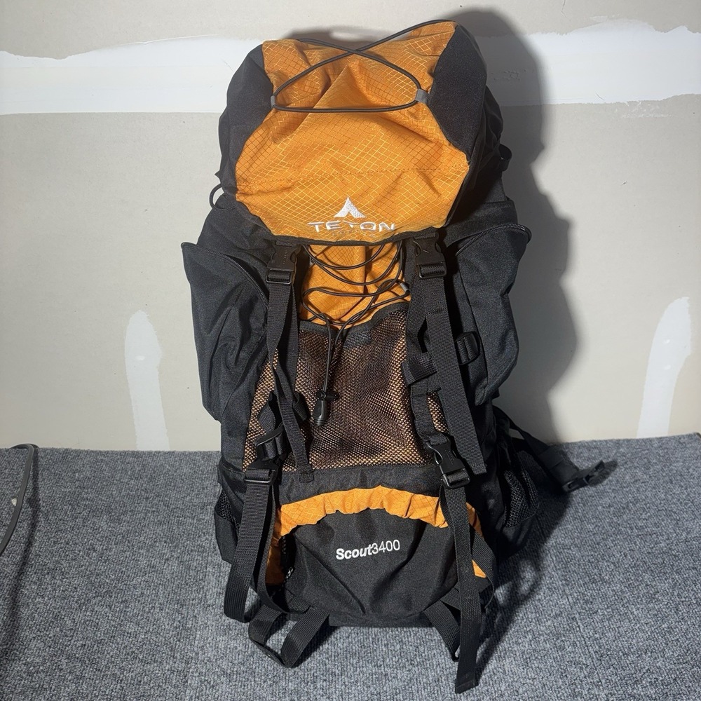 Teton Scout 3400 Men's Black & Orange Hiking Backpack 55L Camping Rainguard